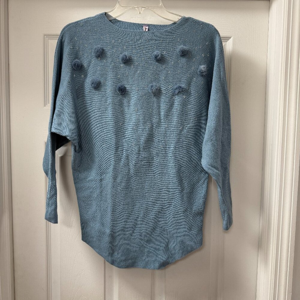 Emily Stacy blue pom pom rhinestone bedazzled thin knit sweater size Small